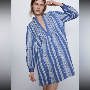 Zara blue embroidered bohemian hippie mini dress long sleeve size M